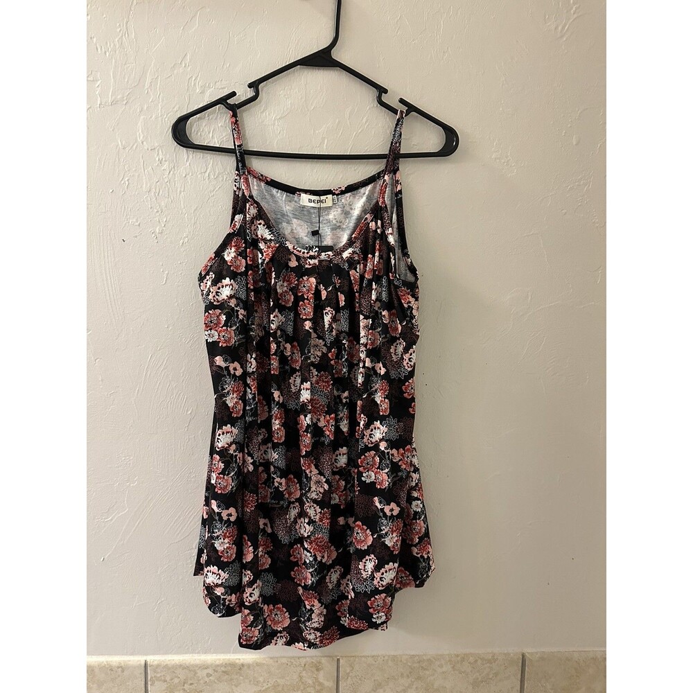 NWT BEPEI Women Loose Casual Pleated Flowy  Camisole Tank Top Floral Flower Dark